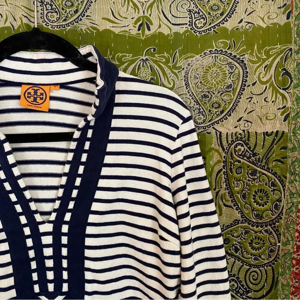 Tory Burch White/ Blue Cotton Knit Mini Tunic Nautical Dress Size Medium